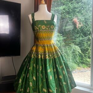 1950s Alex Coleman Green, Gold, and Purple Floral Midi Dress, 50s Alex Coleman